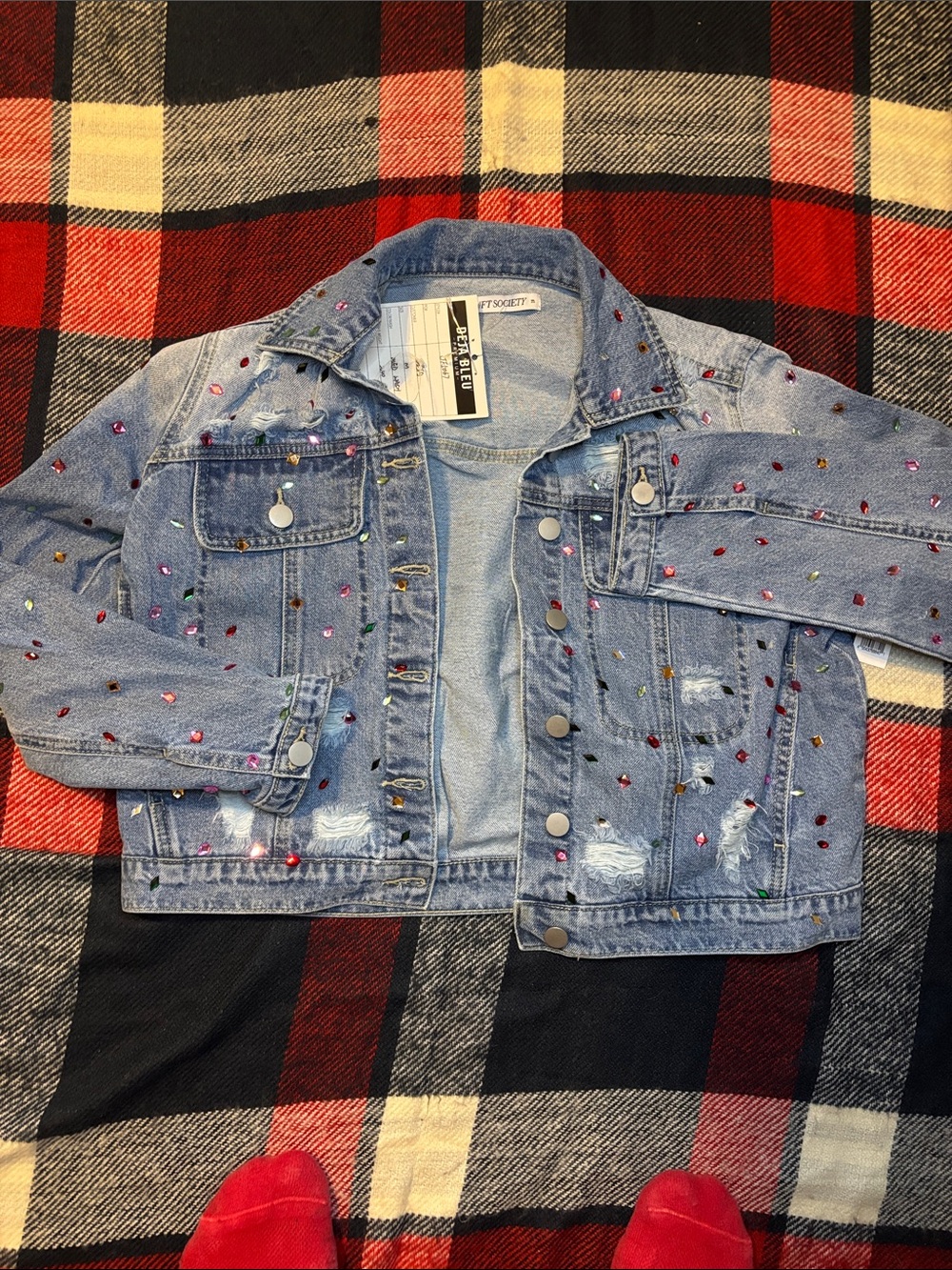 Girls Light Blue Denim Jacket with Multicolor Studs